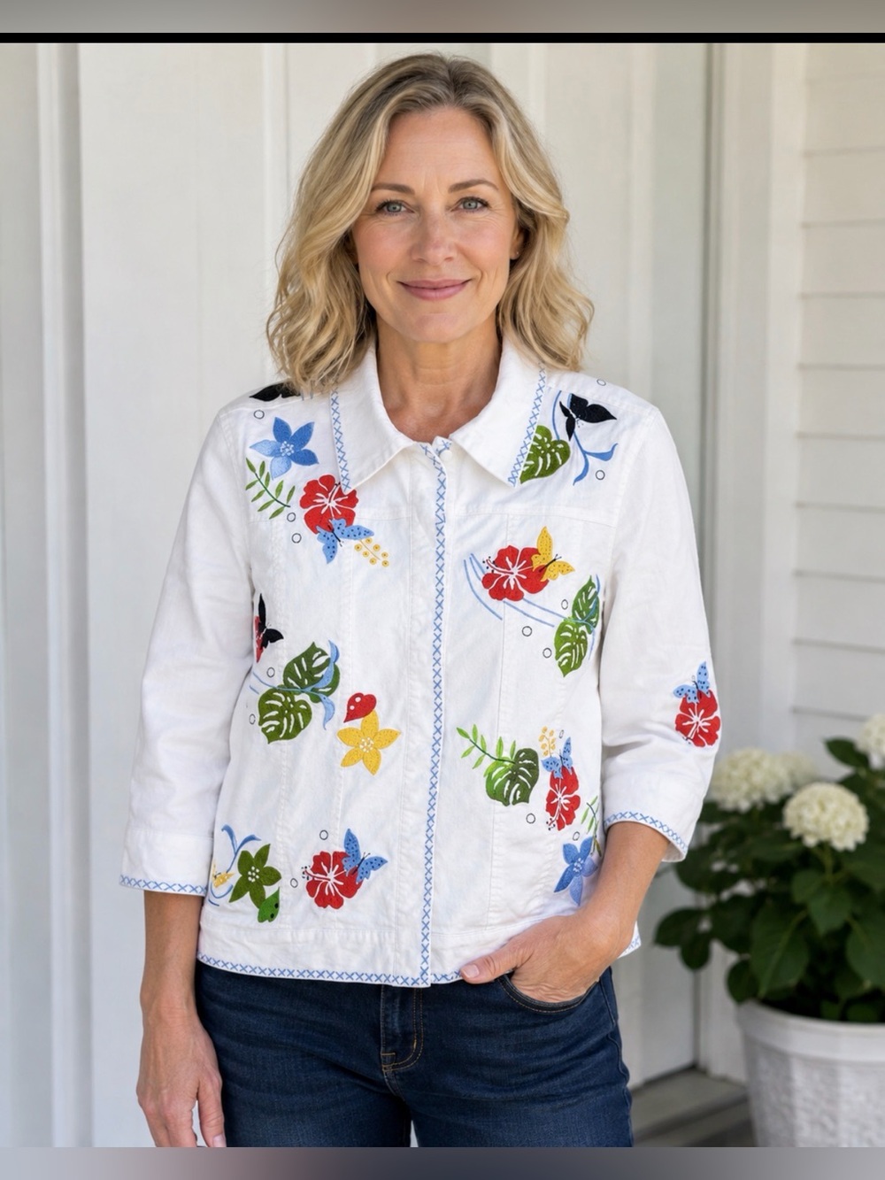 Vintage Ann trinity White Embroidered Floral Jean Jacket size xl